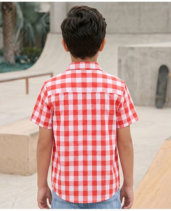 Pine Kids Cotton Woven Half Sleeves Checks Shirt & T-Shirt - Red