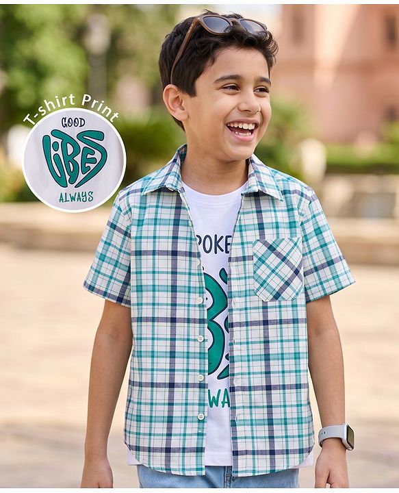 Pine Kids Cotton Woven Half Sleeves Checks Shirt & T-Shirt - Multicolor