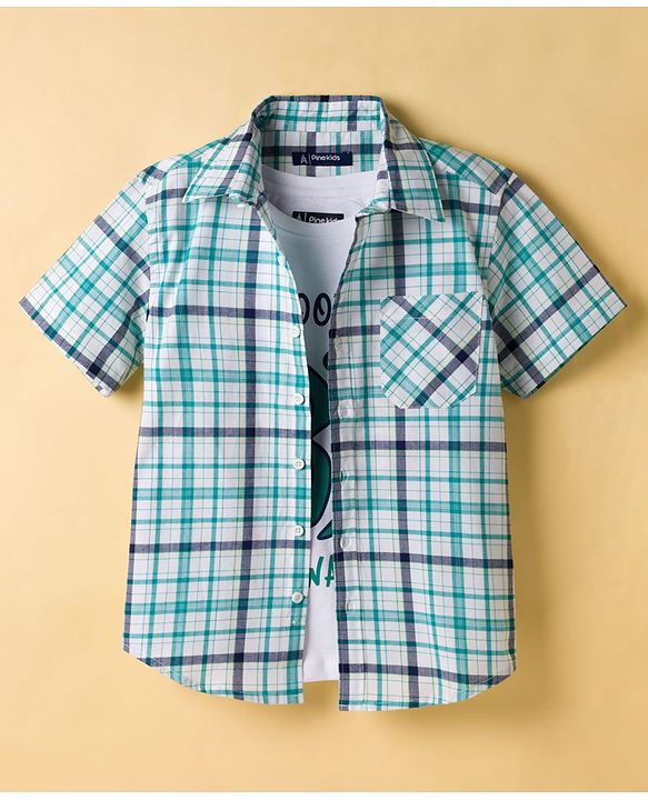 Pine Kids Cotton Woven Half Sleeves Checks Shirt & T-Shirt - Multicolor