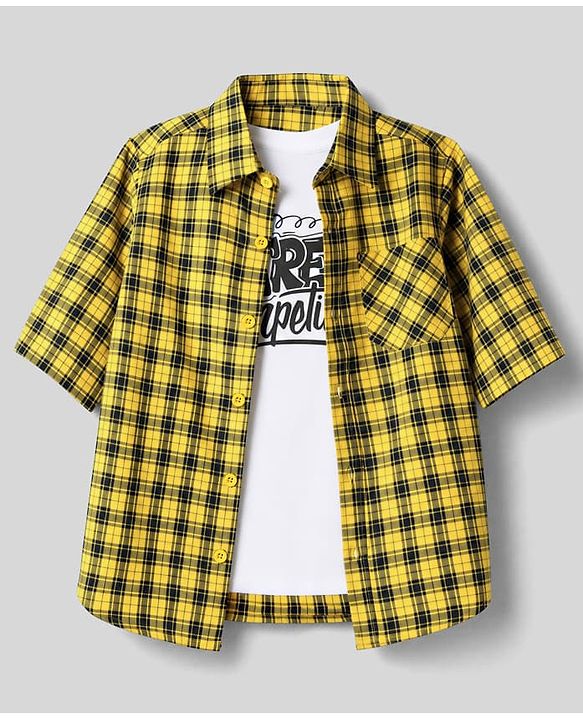 Pine Kids Cotton Woven Checks Twofer Shirt with Full Sleeves - Yellow