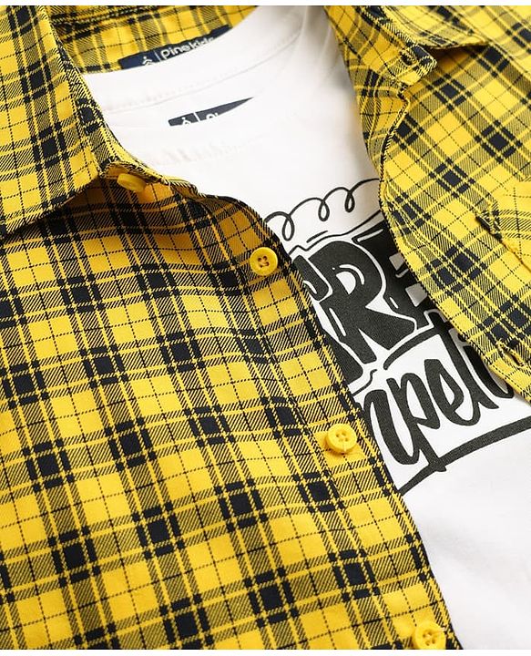Pine Kids Cotton Woven Checks Twofer Shirt with Full Sleeves - Yellow