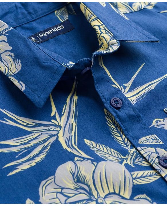 Pine Kids 100% Cotton Woven Half Sleeves Floral Printed Shirt - Navy Blue