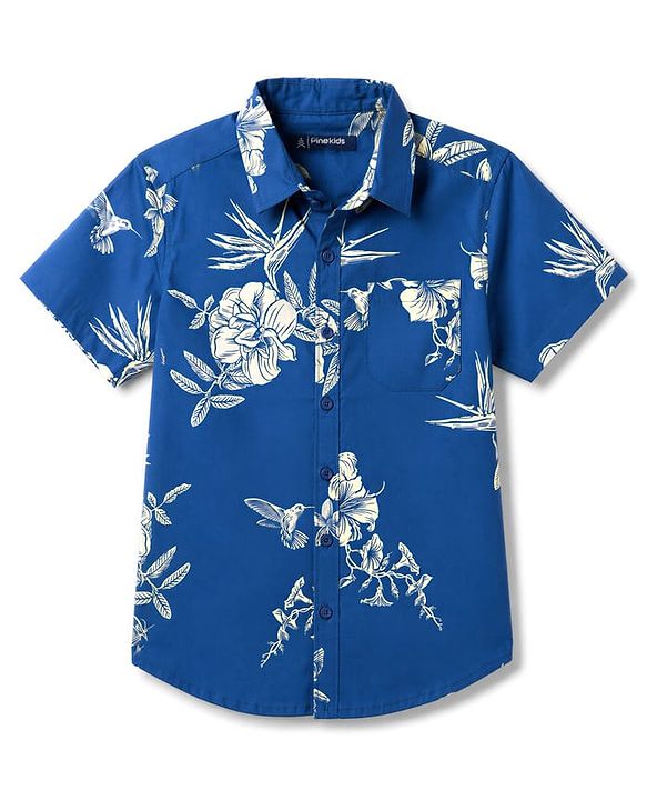 Pine Kids 100% Cotton Woven Half Sleeves Floral Printed Shirt - Navy Blue
