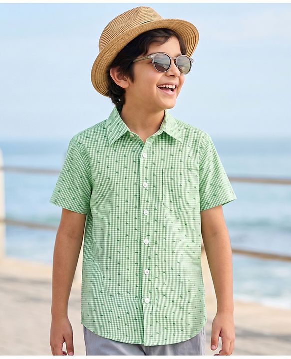 Pine Kids Cotton Woven Half Sleeves Shirt With Deer Print - Green