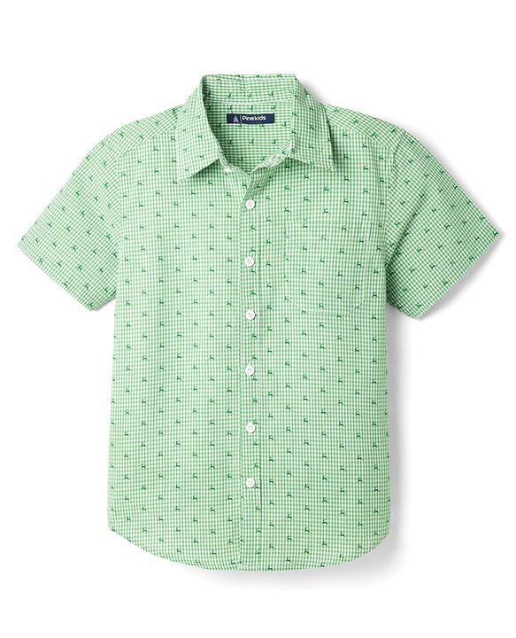 Pine Kids Cotton Woven Half Sleeves Shirt With Deer Print - Green