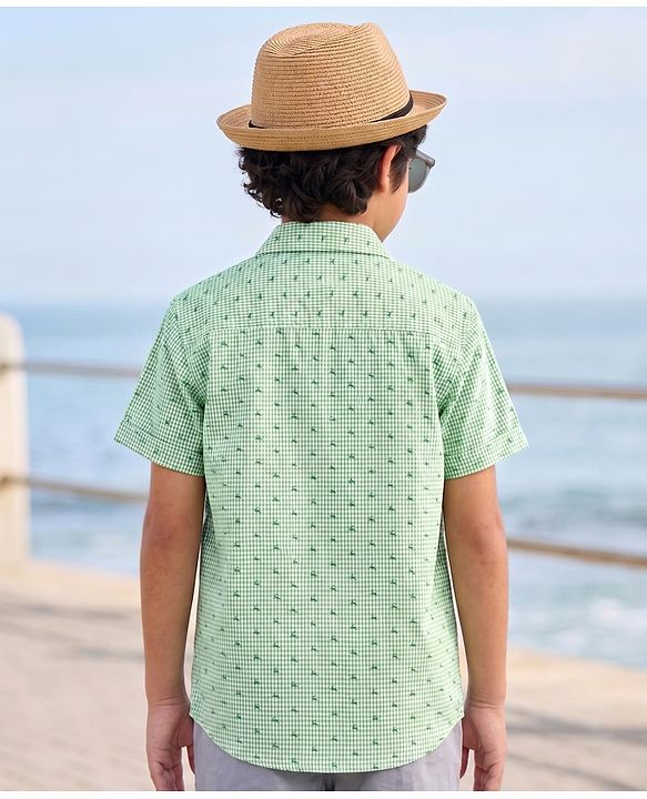 Pine Kids Cotton Woven Half Sleeves Shirt With Deer Print - Green