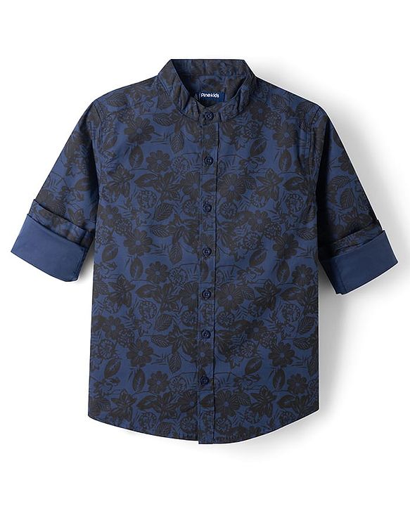 Pine Kids 100% Cotton Woven Full Sleeves Floral Printed Shirt - Navy Blue