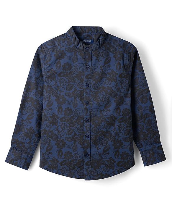 Pine Kids 100% Cotton Woven Full Sleeves Floral Printed Shirt - Navy Blue