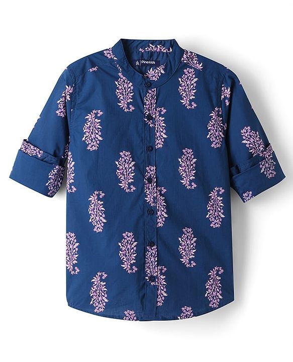Pine Kids 100% Cotton Woven Full Sleeves Floral Printed Shirt - Navy Blue