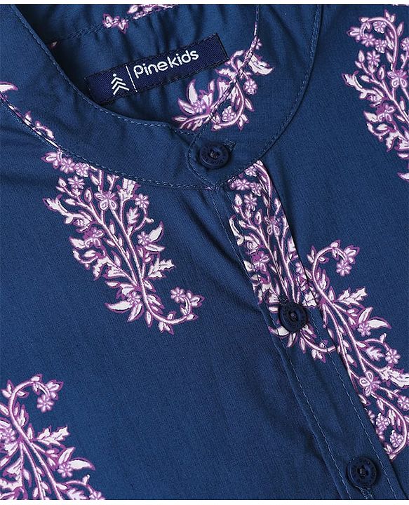 Pine Kids 100% Cotton Woven Full Sleeves Floral Printed Shirt - Navy Blue