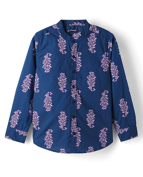 Pine Kids 100% Cotton Woven Full Sleeves Floral Printed Shirt - Navy Blue