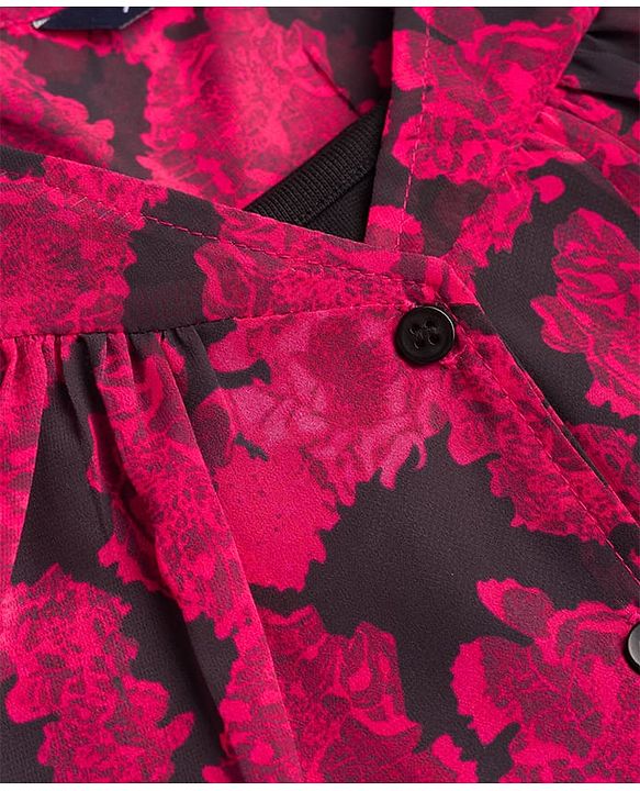 Pine Kids Woven Half Puffed Sleeves Floral Printed Top with Inner Slips - Dark Pink & Black