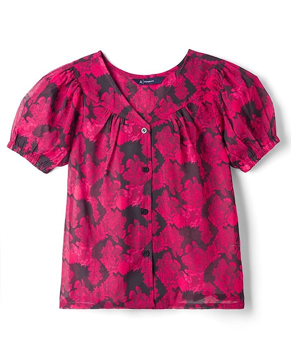 Pine Kids Woven Half Puffed Sleeves Floral Printed Top with Inner Slips - Dark Pink & Black