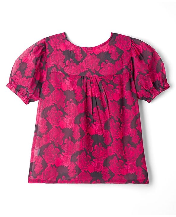 Pine Kids Woven Half Puffed Sleeves Floral Printed Top with Inner Slips - Dark Pink & Black