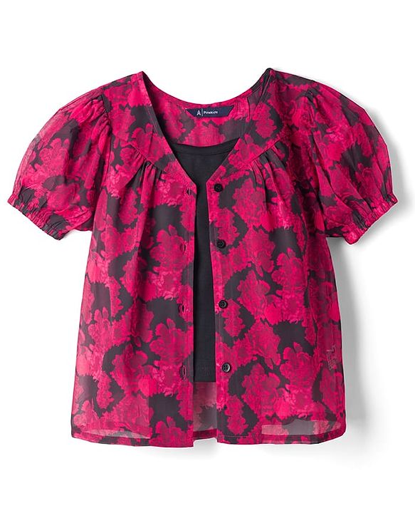 Pine Kids Woven Half Puffed Sleeves Floral Printed Top with Inner Slips - Dark Pink & Black