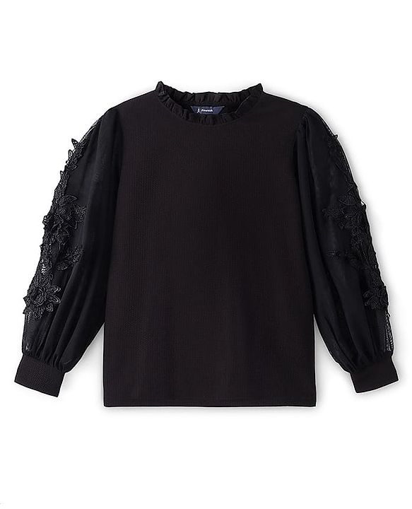 Pine Kids Woven Full Sleeves Solid Colour Top with Lace Detailing in Sleeves- Black