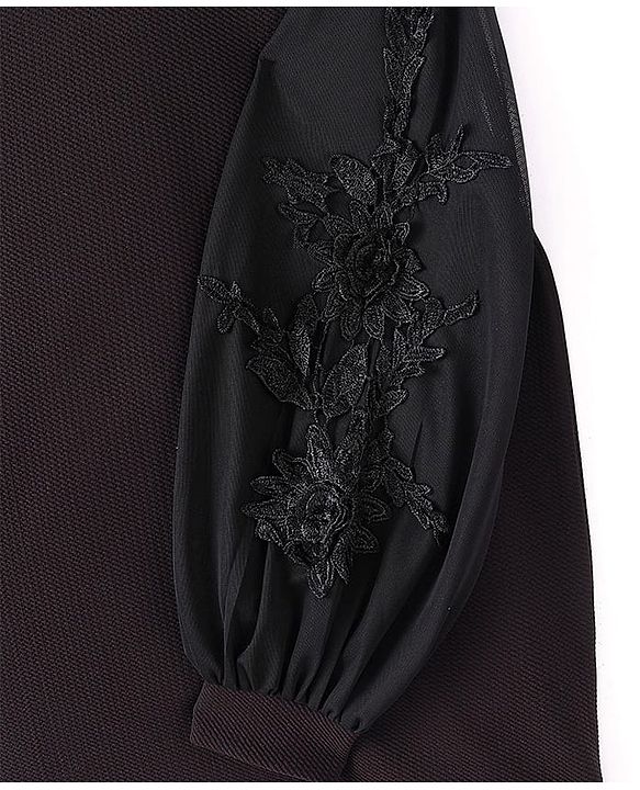 Pine Kids Woven Full Sleeves Solid Colour Top with Lace Detailing in Sleeves- Black