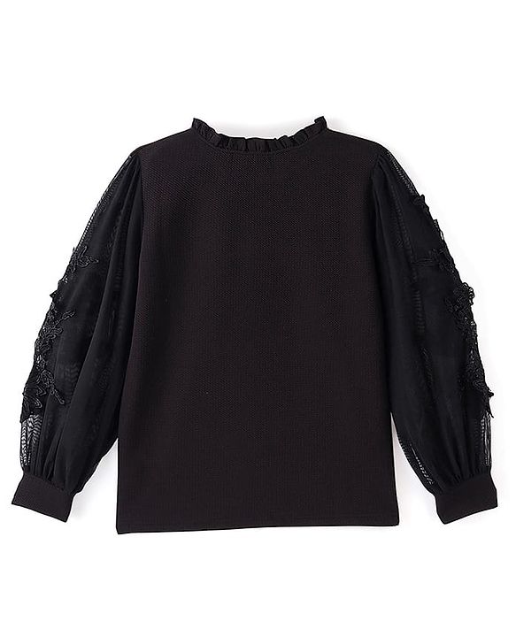 Pine Kids Woven Full Sleeves Solid Colour Top with Lace Detailing in Sleeves- Black