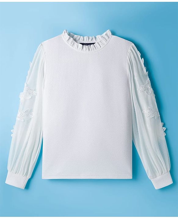 Pine Kids Woven Full Sleeves Top with Mesh Sleeves & Ruffle Neck - White