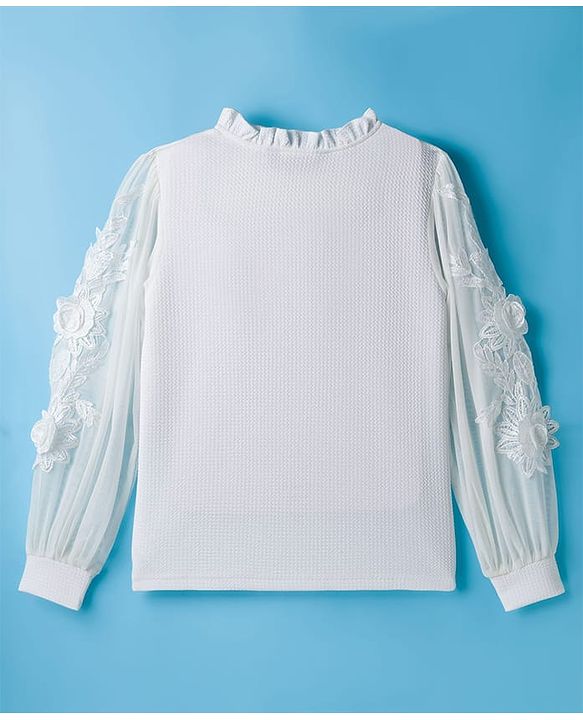 Pine Kids Woven Full Sleeves Top with Mesh Sleeves & Ruffle Neck - White