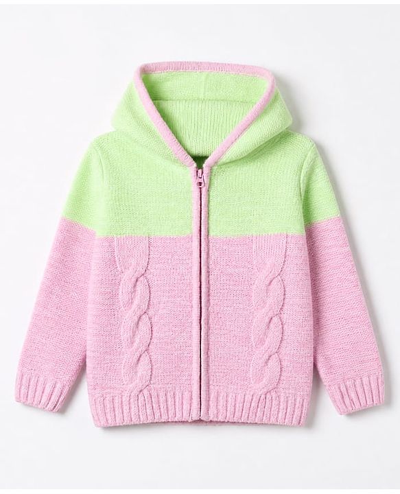 Pine Kids Cable Knit Front Open Sweater with Full Sleeves in Pink Green
