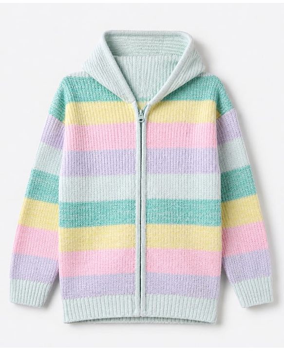 Pine Kids Knit Front Open Sweater with Full Sleeves and Stripes In Green
