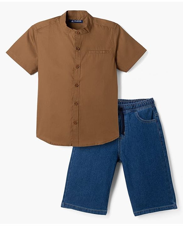 Pine Kids Cotton Woven Solid Color Half Sleeves Shirt & Shorts Set - Beige & Navy Blue