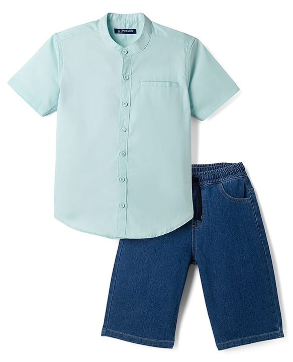 Pine Kids Cotton Woven Solid Color Half Sleeves Shirt & Shorts Set - Light Blue