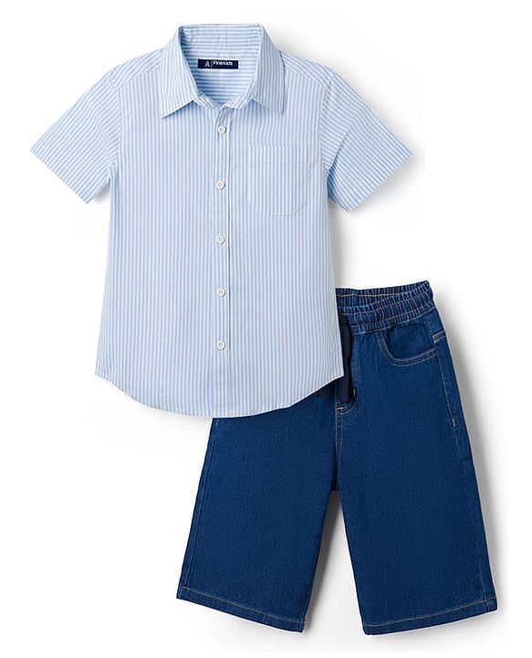 Pine Kids Cotton Woven Half Sleeves Striped Shirt and Denim Shorts Set - Light Blue