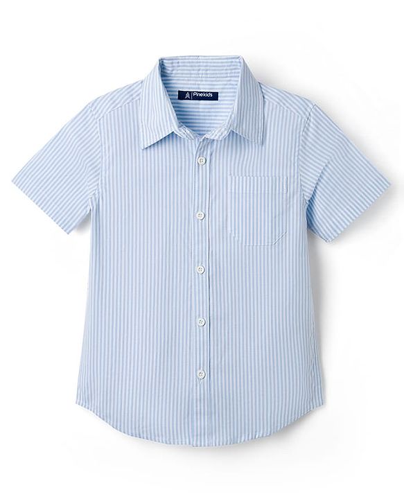 Pine Kids Cotton Woven Half Sleeves Striped Shirt and Denim Shorts Set - Light Blue