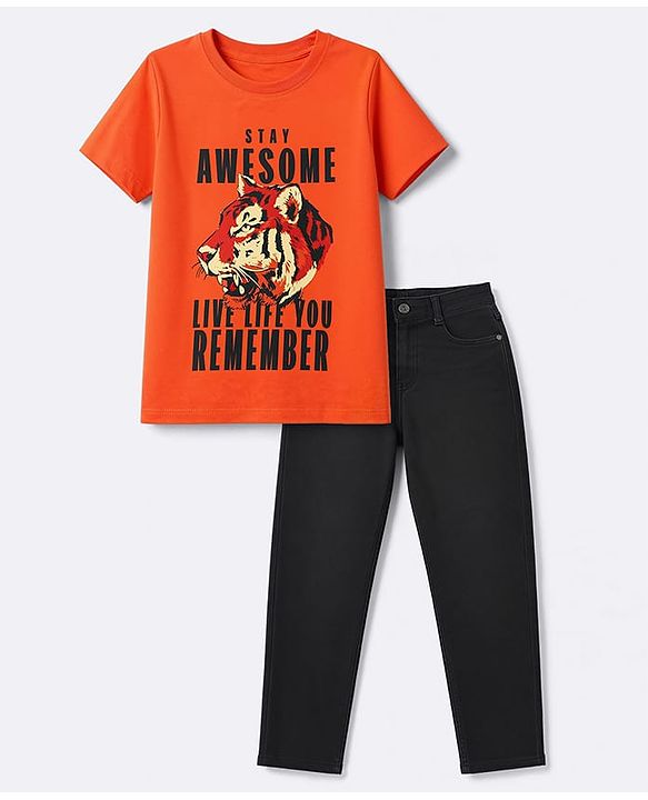 Pine Kids Cotton Knit Half Sleeves Text Printed T-Shirt and Jeans Set - Orange & Black