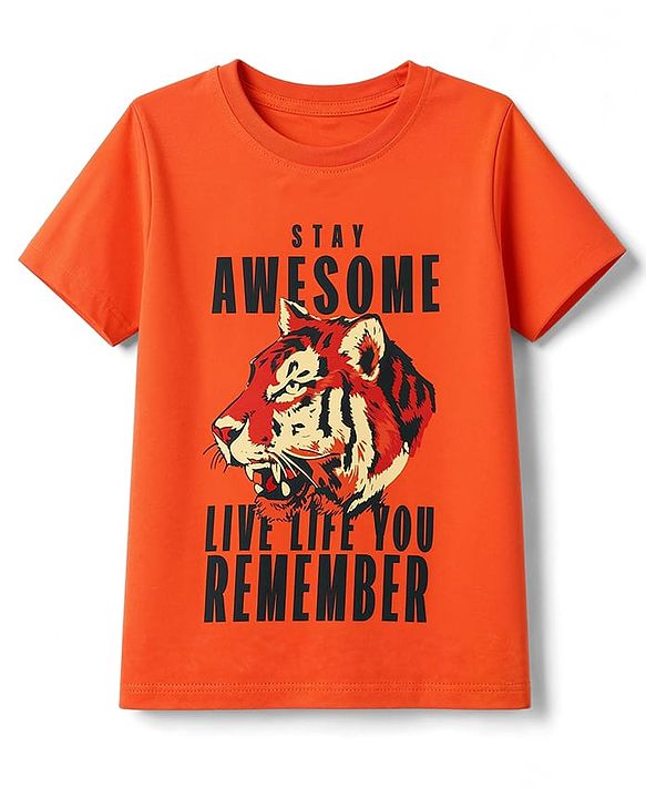 Pine Kids Cotton Knit Half Sleeves Text Printed T-Shirt and Jeans Set - Orange & Black