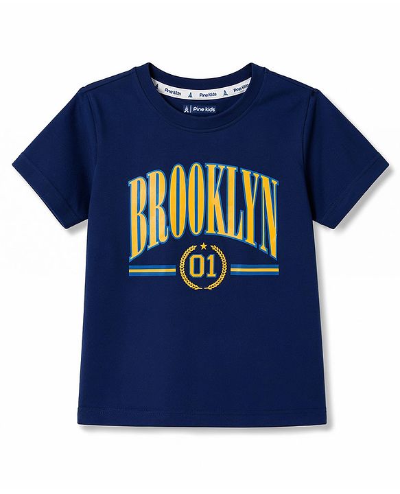 Pine Kids Cotton Knit Half Sleeves T-Shirt & Jeans Set with Brooklyn Print - Navy Blue