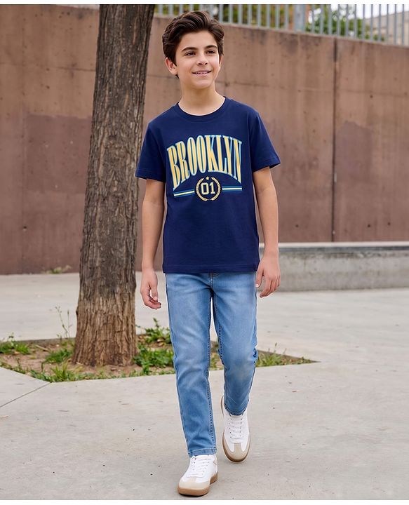 Pine Kids Cotton Knit Half Sleeves T-Shirt & Jeans Set with Brooklyn Print - Navy Blue