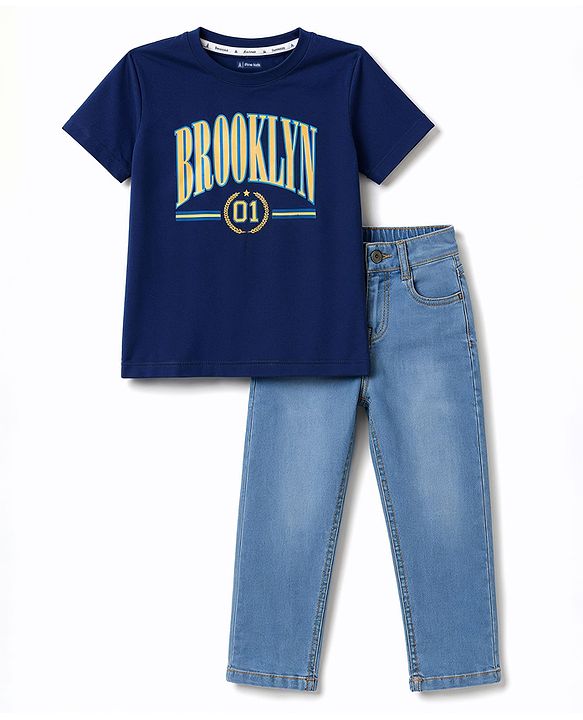 Pine Kids Cotton Knit Half Sleeves T-Shirt & Jeans Set with Brooklyn Print - Navy Blue