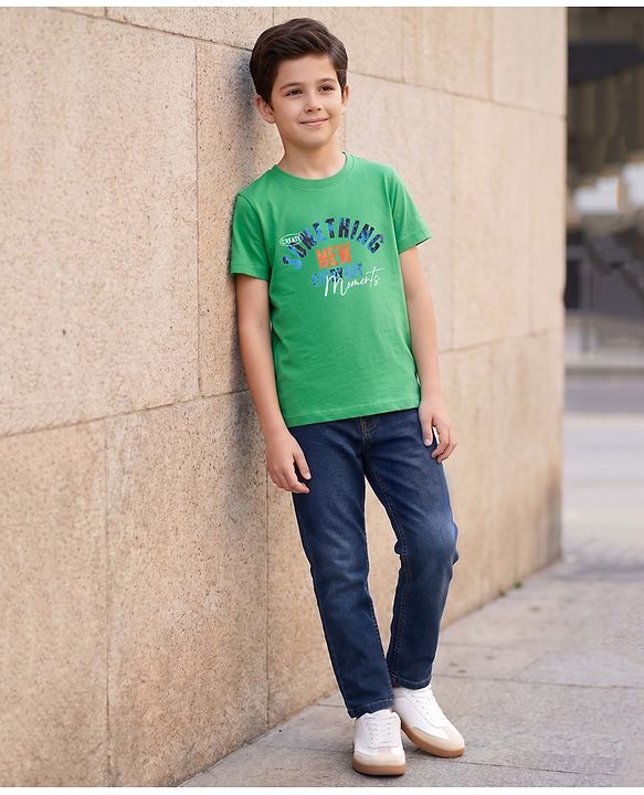 Pine Kids Cotton Knit Half Sleeves Text Printed T-Shirt & Jeans - Green & Blue