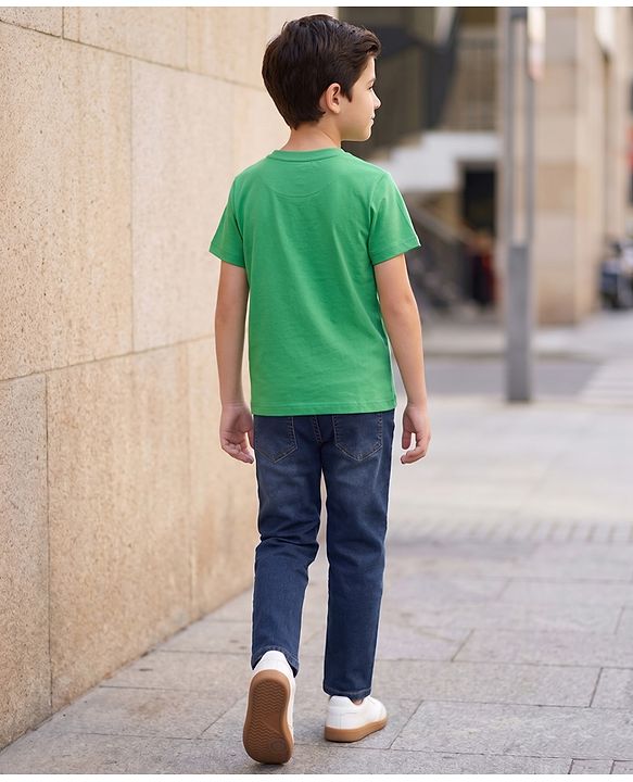 Pine Kids Cotton Knit Half Sleeves Text Printed T-Shirt & Jeans - Green & Blue