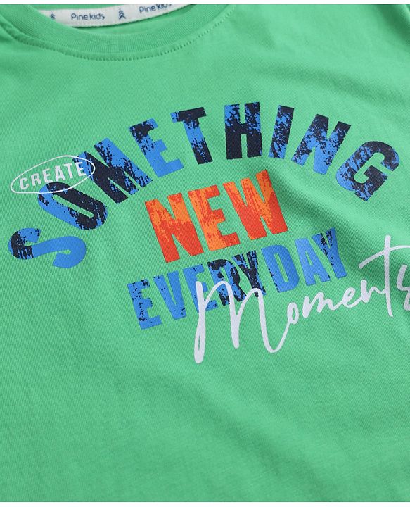 Pine Kids Cotton Knit Half Sleeves Text Printed T-Shirt & Jeans - Green & Blue