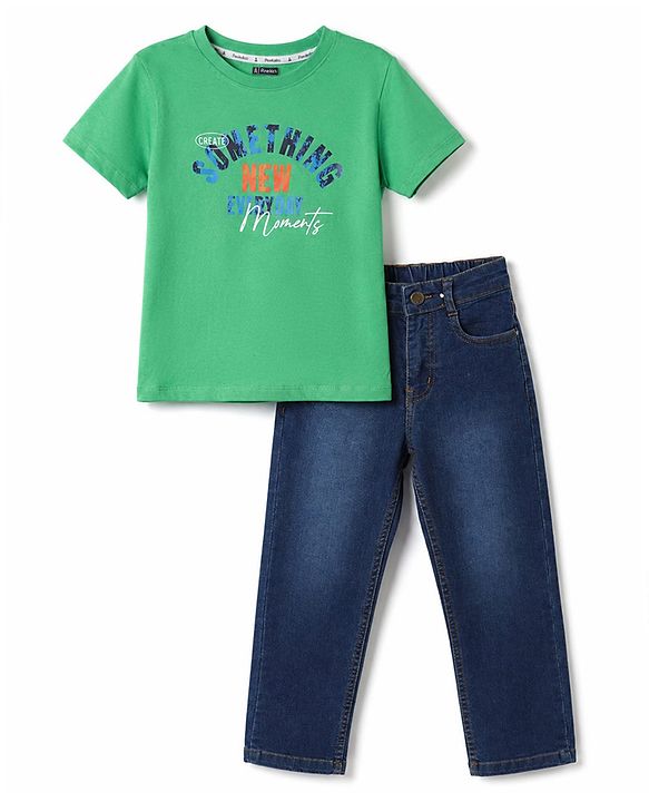 Pine Kids Cotton Knit Half Sleeves Text Printed T-Shirt & Jeans - Green & Blue
