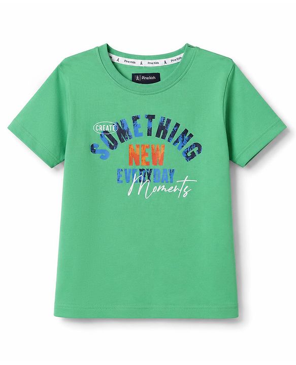 Pine Kids Cotton Knit Half Sleeves Text Printed T-Shirt & Jeans - Green & Blue