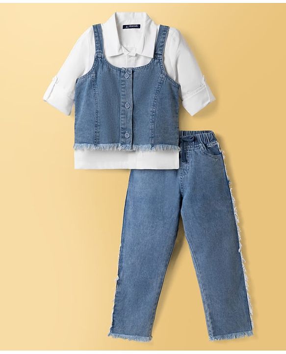 Pine Kids Cotton Knit Full Sleeves Shirt & Jeans Set with Jacket - Blue