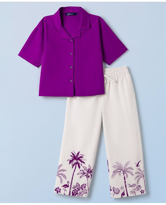 Pine Kids Cotton Woven Half Sleeves Solid Shirt & Beach Theme Printed Pant Set - Purple