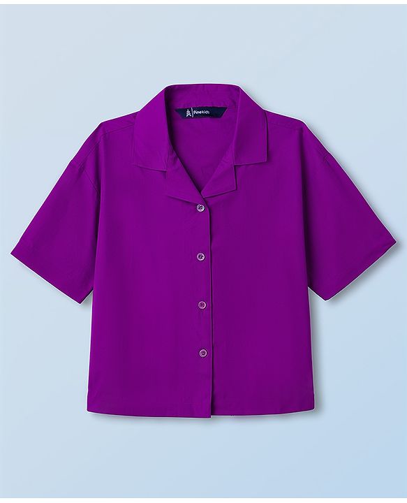 Pine Kids Cotton Woven Half Sleeves Solid Shirt & Beach Theme Printed Pant Set - Purple