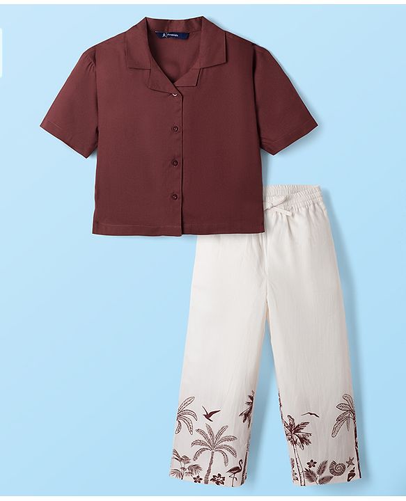 Pine Kids Cotton Woven Half Sleeves Shirt & Trousers Set with Tropical Theme Print - Maroon & White
