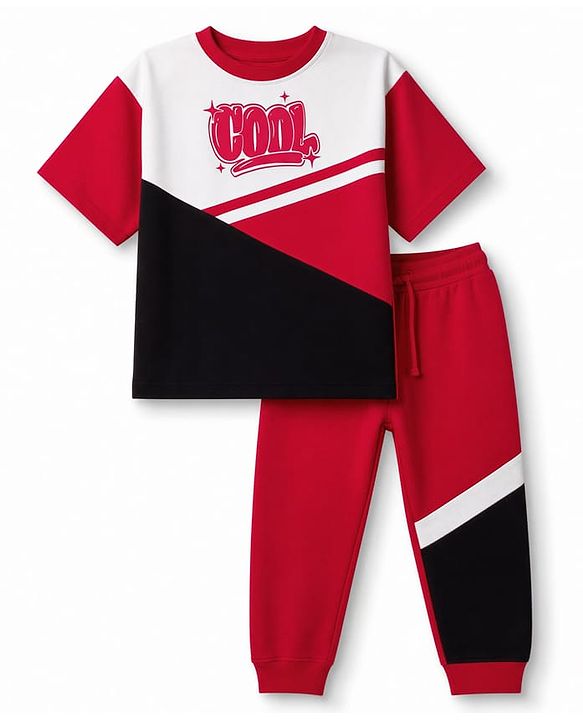 Pine Kids Looper Knit Half Sleeves T-Shirt & Joggers Set with Cut & Sew Design - Red