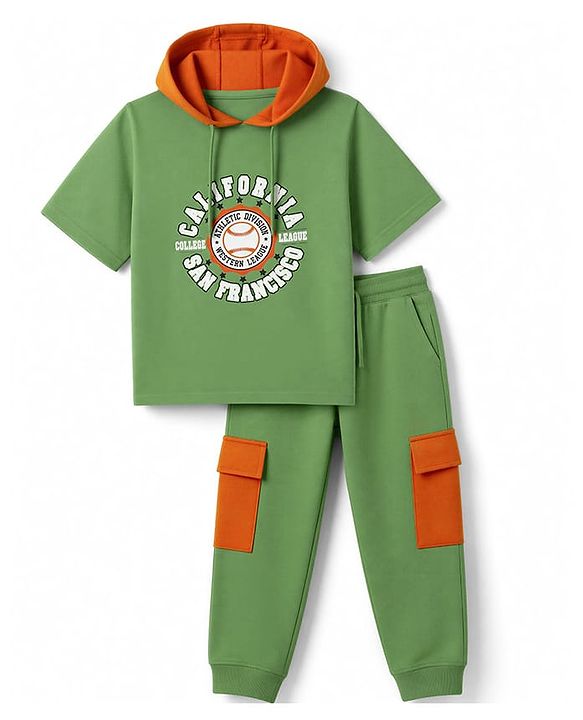 Pine Kids Looper Knit Half Sleeves Hooded T-Shirt & Lounge Pant Set - Green