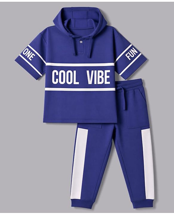 Pine Kids Looper Knit Half Sleeves Cool Vibe Printed Hooded Sweatshirt & Jogger set - Royal Blue