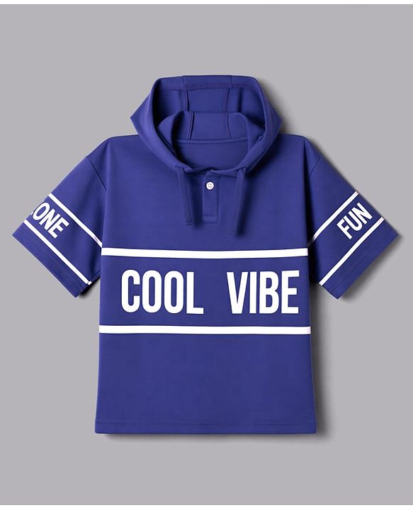 Pine Kids Looper Knit Half Sleeves Cool Vibe Printed Hooded Sweatshirt & Jogger set - Royal Blue