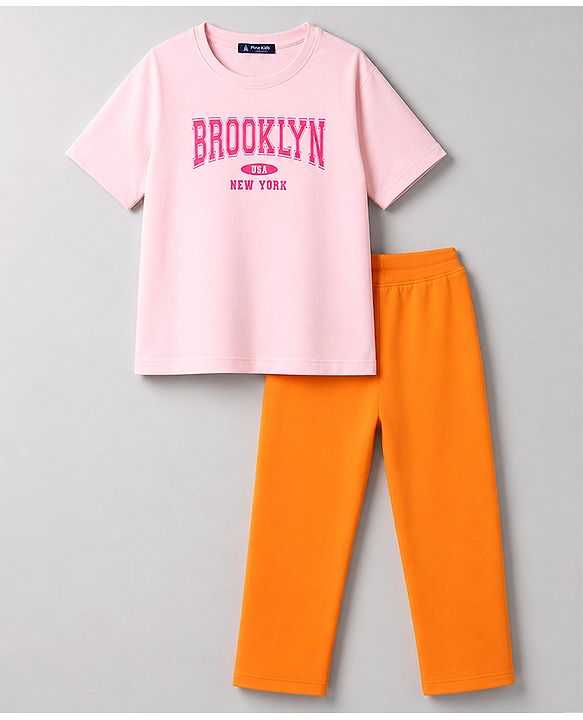 Pine Kids Cotton Looper Knit Half Sleeves Text Printed Top & Pant Set - Light Pink & Orange