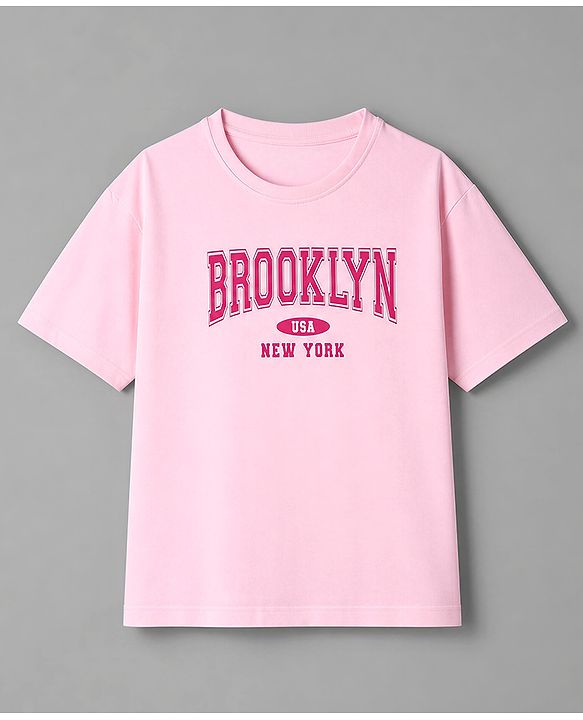 Pine Kids Cotton Looper Knit Half Sleeves Text Printed Top & Pant Set - Light Pink & Orange